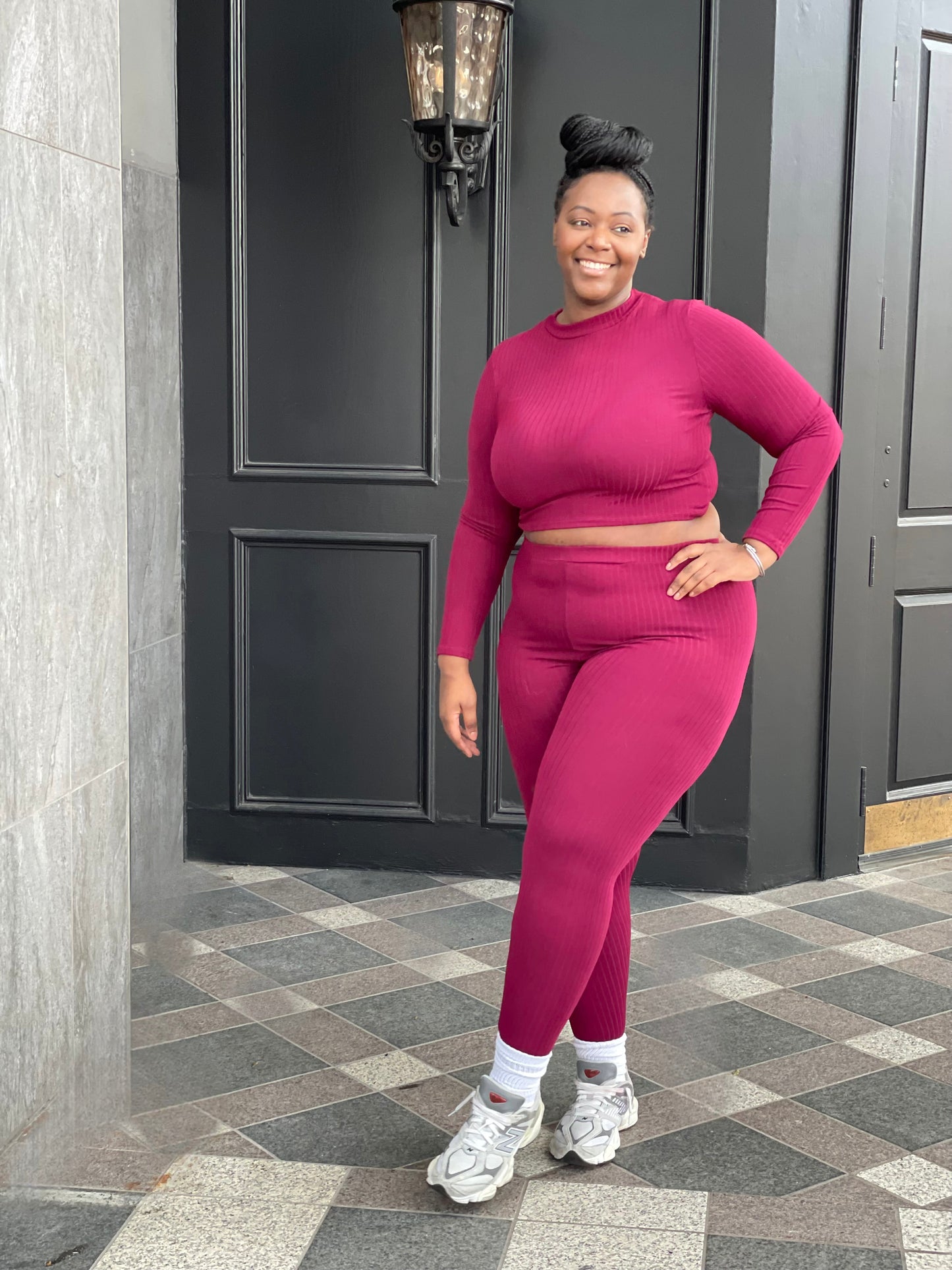 Plus Size High Waisted Ribbed Leggings Set- Dark Red