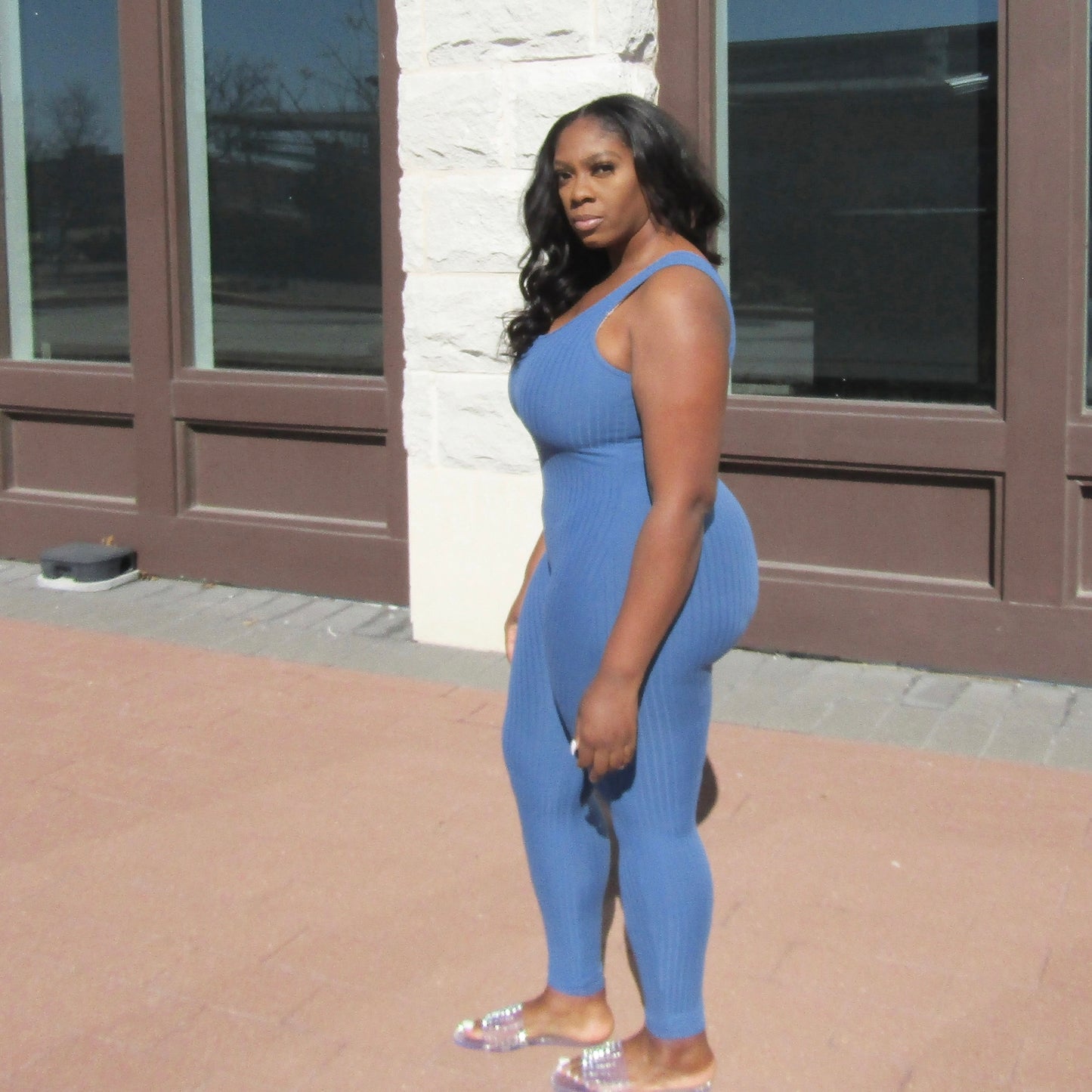 Sleeveless Ribbed Blue One Piece Jumpsuit| Casual Tank Jumpsuit