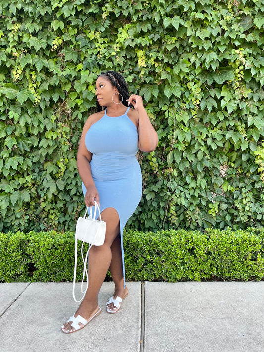 Solid Split Thigh Maxi Dress| Blue Summer Dress