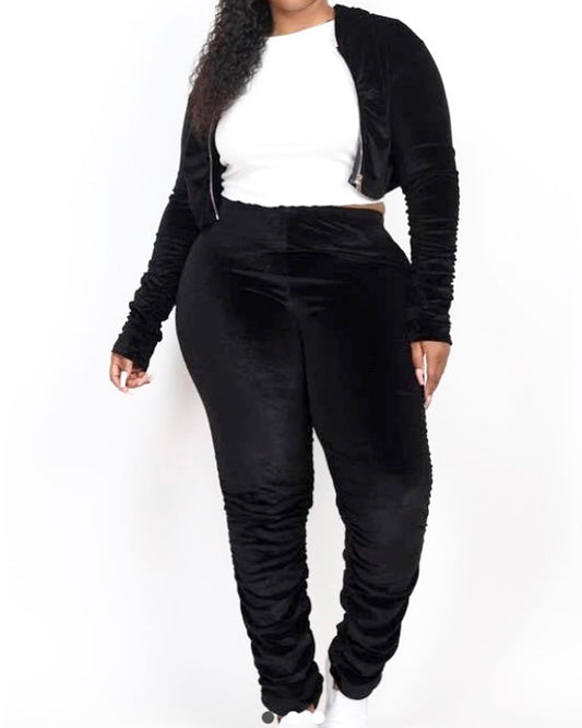 Velour Black Two Piece Matching Hooded Jacket and Fitted Velour Pants Set| Velour Jogger Set| Plus Size