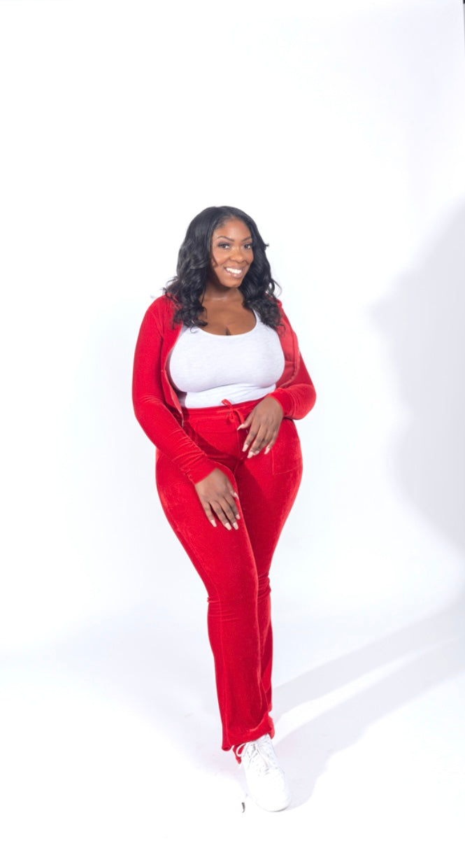 Women's Red Velour Tracksuit Set| Red Velour Pants and Matching Jacket