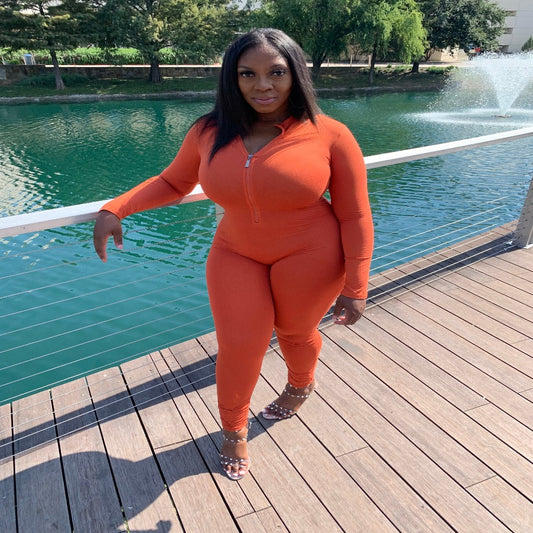 zip up jumpsuit womens curvy outfit at lake