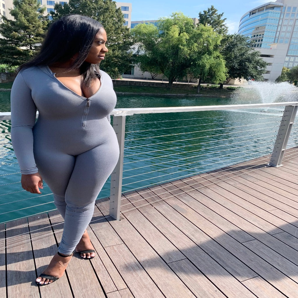 zip up jumpsuit womens curvy outfit at lake