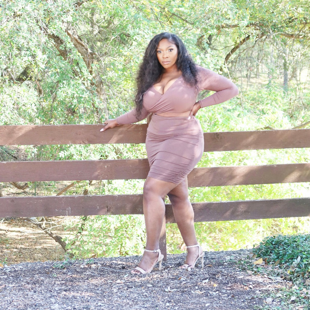 long sleeve skirt set for curvy women outfit in nude color