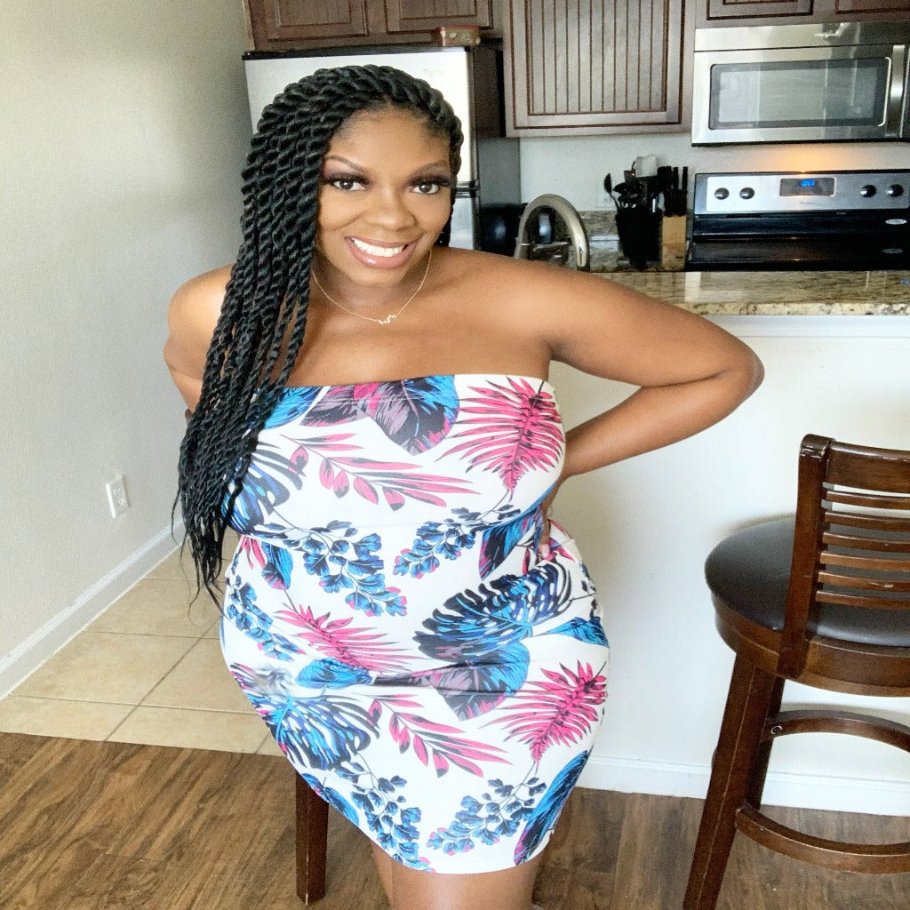 plus size strapless dress casual wearing at home in front of bar stool.