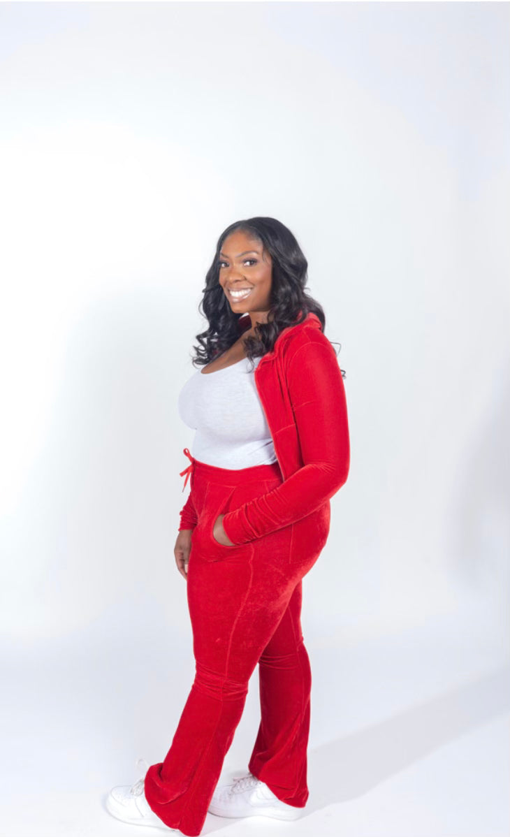 Women's Red Velour Tracksuit Set| Red Velour Pants and Matching Jacket