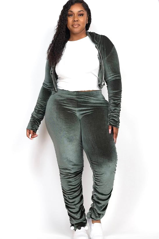 Velour Black Two Piece Matching Hooded Jacket and Fitted Velour Pants Set| Velour Jogger Set| Plus Size